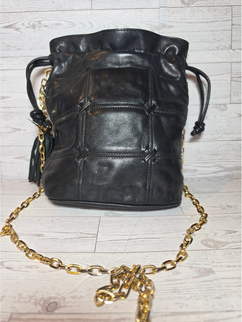 Vintage Valerie Stevens Black Leather Quilted Drawstring Bucket Bag RN 13711